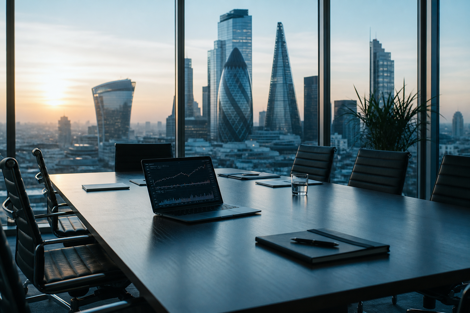 Executive boardroom overlooking a financial district at dawn